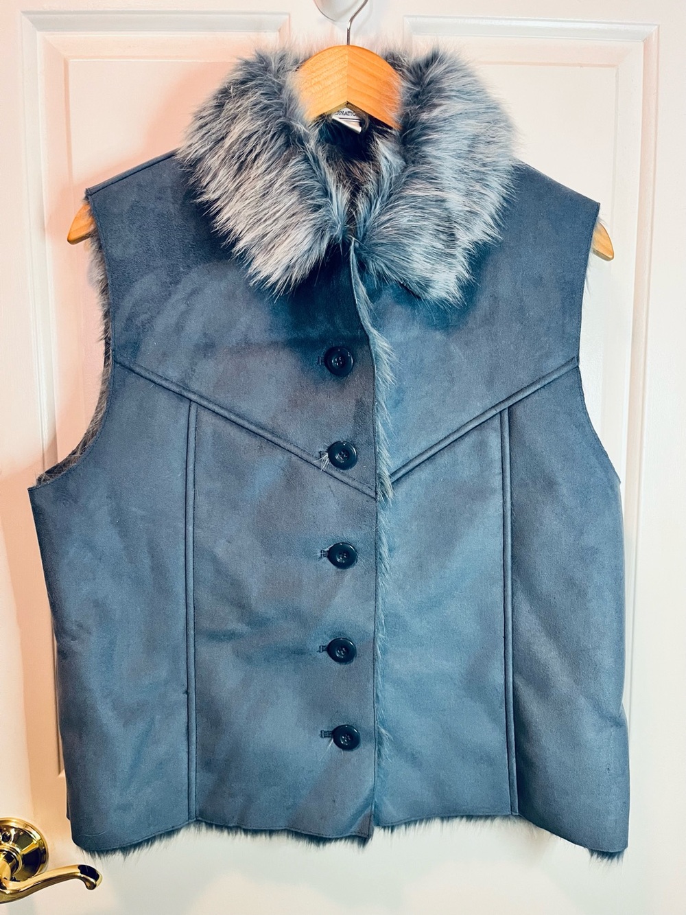 Lisa International Women’s Blue Ultrasuede Faux Fur Lined Vest Sz L